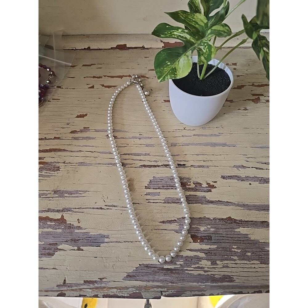 Vtg Faux Pearl Necklace Silver Tone Adjustable Teardrop Extender‎ Choker Retro